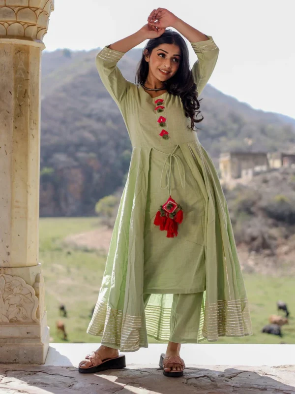 Divena Pastel Green Flaired Cotton kurta with pants - Image 3