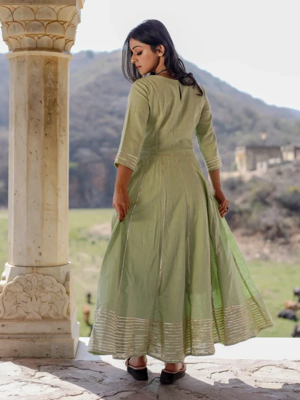 Divena Pastel Green Flaired Cotton kurta with pants - Image 4