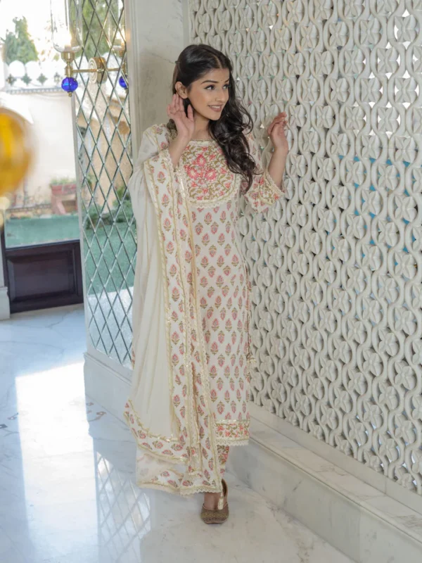 Divena Off white Cotton Straight Kurta Pant set with Dupatta - Image 2
