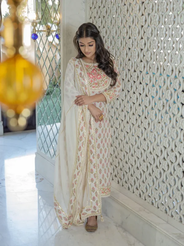 Divena Off white Cotton Straight Kurta Pant set with Dupatta - Image 3