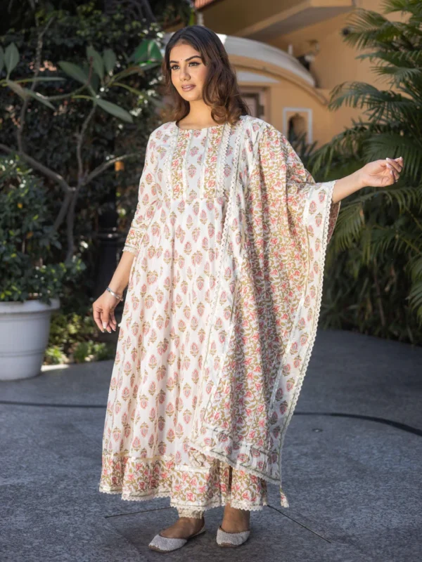 Divena Cream Floral Anarkali Cotton Kurta Palazzo set with Dupatta - Image 2