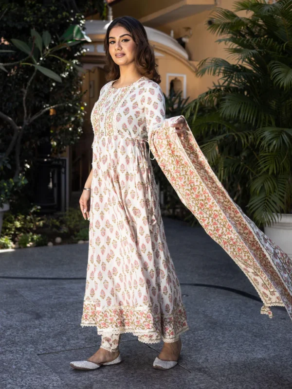 Divena Cream Floral Anarkali Cotton Kurta Palazzo set with Dupatta - Image 3