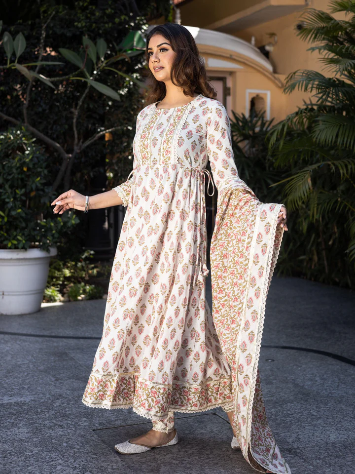DK0633.3_720x Divena Cream Floral Anarkali Cotton Kurta Palazzo set with Dupatta - Image 1