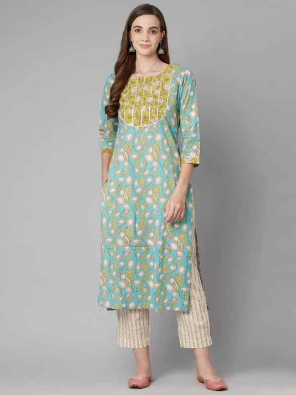 Divena Sky blue Floral Printed Cotton kurta Pant Set - Image 2