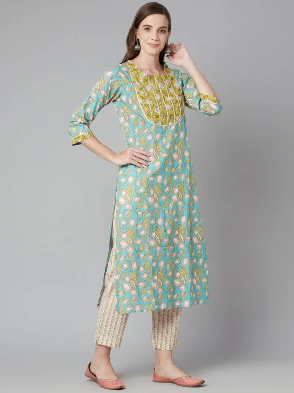 Divena Sky blue Floral Printed Cotton kurta Pant Set - Image 3