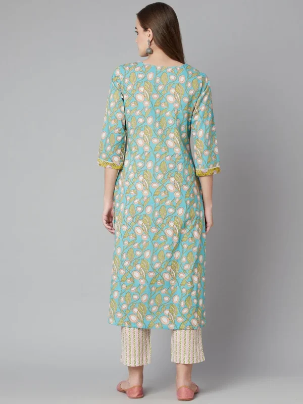 Divena Sky blue Floral Printed Cotton kurta Pant Set - Image 4