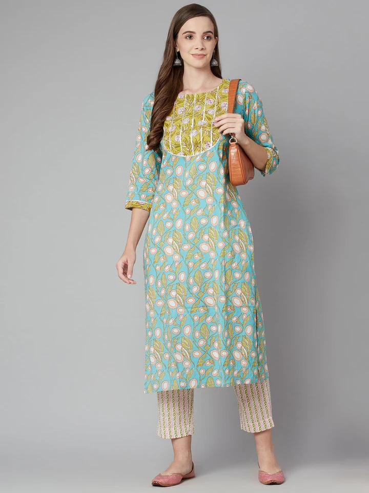 DK0634.6_720x Divena Sky blue Floral Printed Cotton kurta Pant Set - Image 1