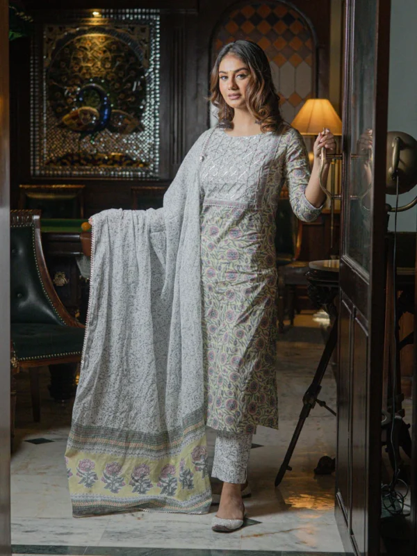 Divena Yellow Floral Printed Cotton Kurta pant set with Dupatta - Image 2