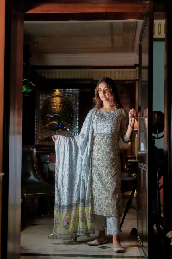 Divena Yellow Floral Printed Cotton Kurta pant set with Dupatta - Image 4