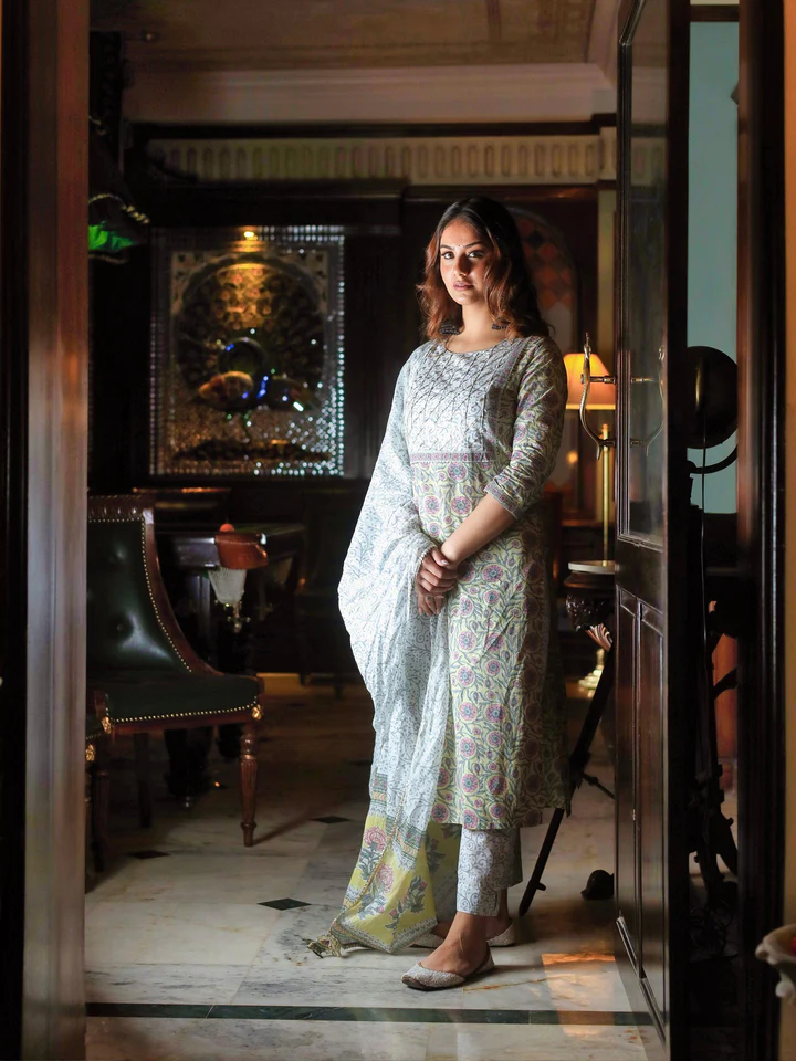 DK0636_720x Divena Yellow Floral Printed Cotton Kurta pant set with Dupatta - Image 1