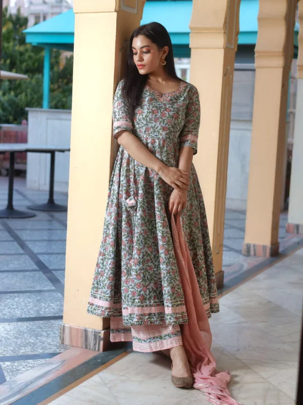 Divena Pastel Blue Floral Anarkali Cotton Kurta Palazzo set with Dupatta - Image 2