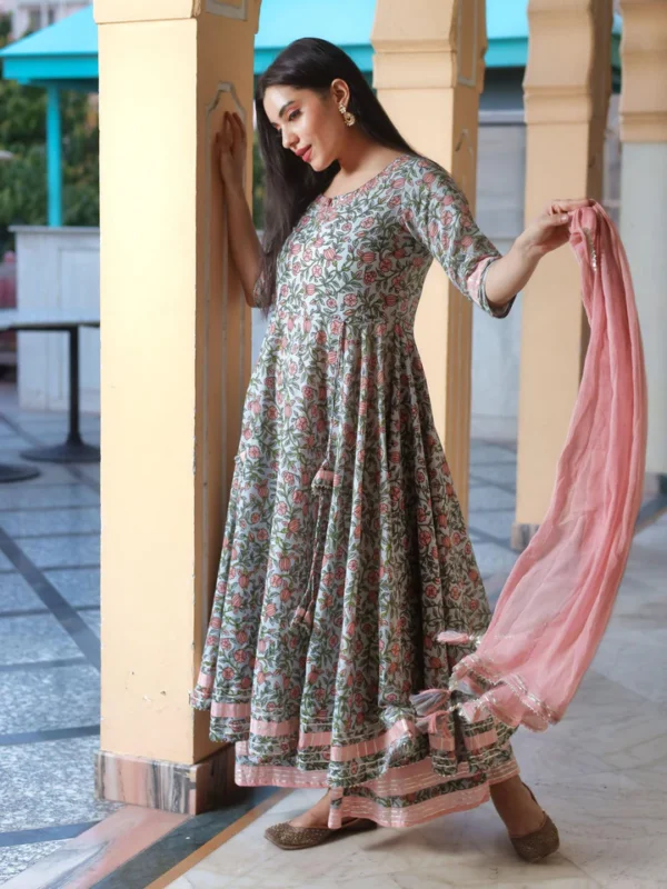 Divena Pastel Blue Floral Anarkali Cotton Kurta Palazzo set with Dupatta - Image 3