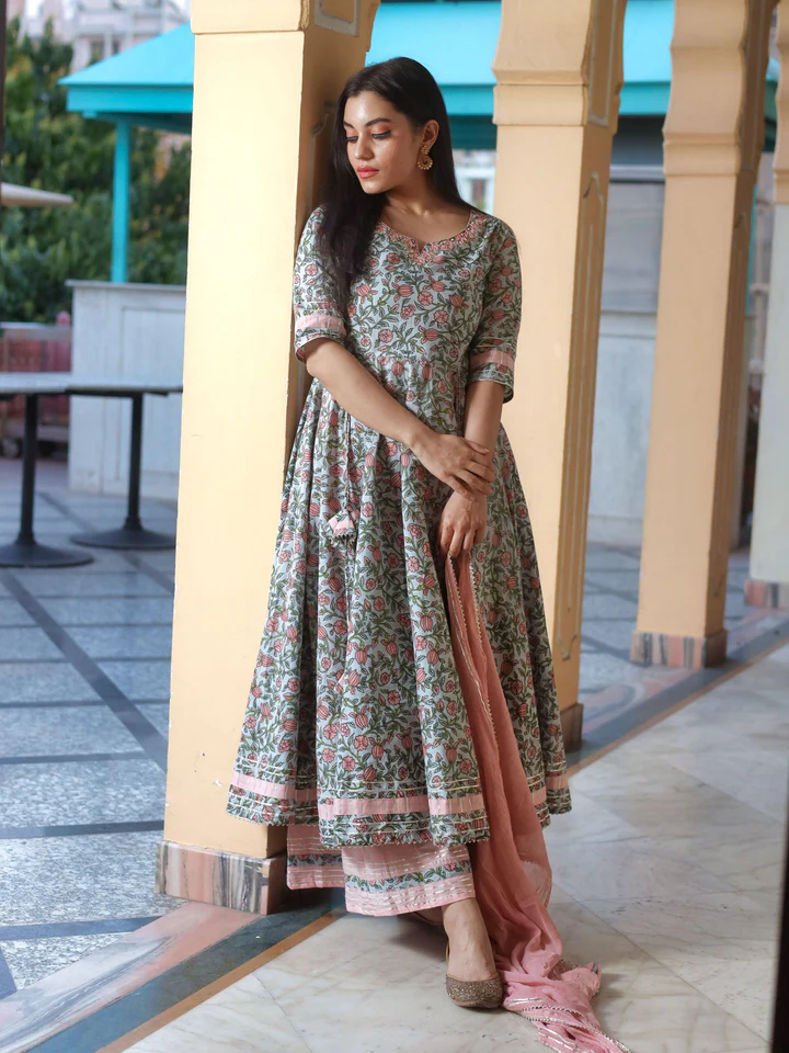 DK0637.4_720x Divena Pastel Blue Floral Anarkali Cotton Kurta Palazzo set with Dupatta - Image 1