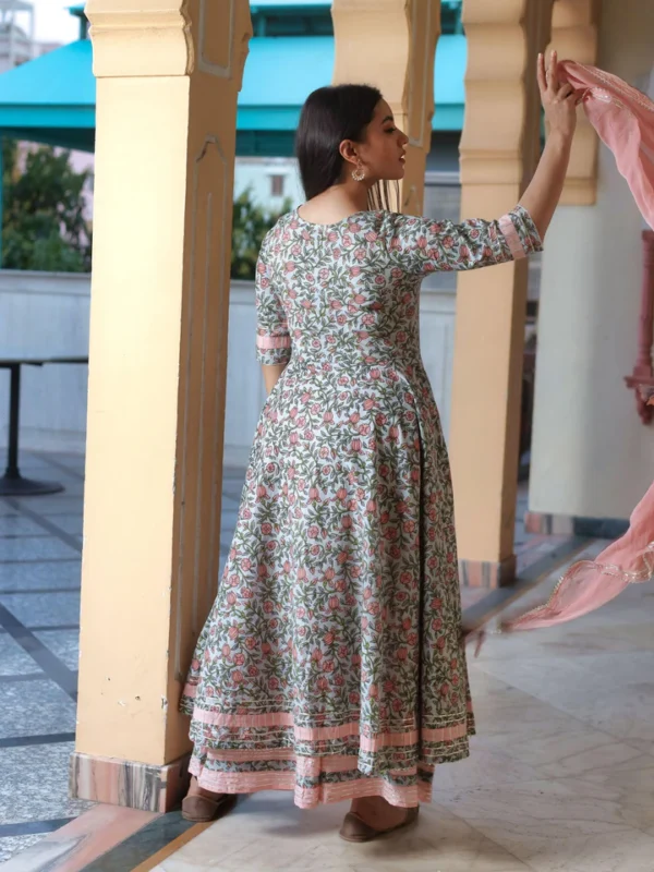 Divena Pastel Blue Floral Anarkali Cotton Kurta Palazzo set with Dupatta - Image 4