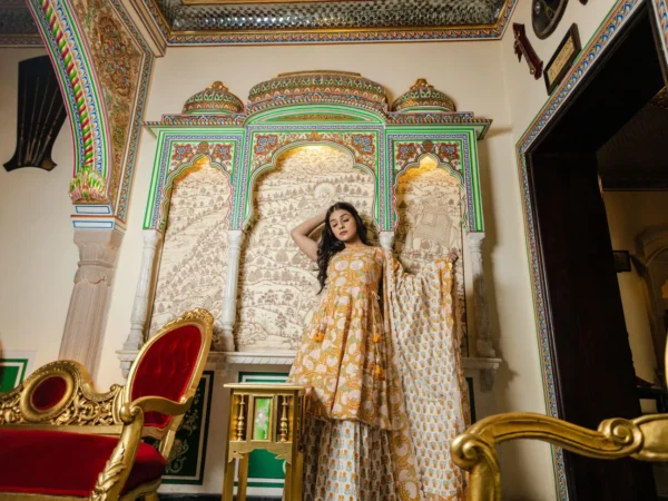 Divena Yellow Cotton Anarkali kurta Sharara set with Dupatta - Image 3
