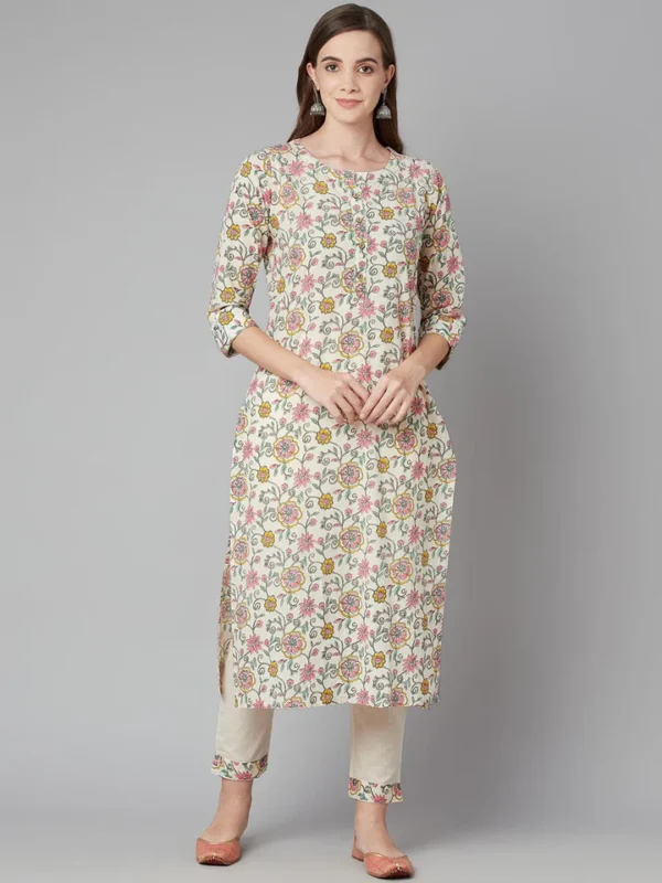 Divena Cream Floral Printed Cotton Kurta Pant Set - Image 2