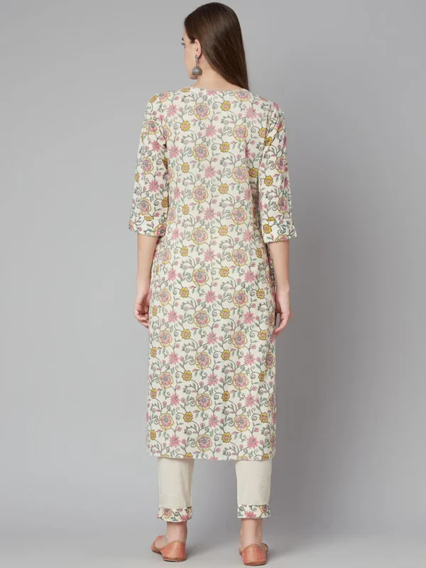 Divena Cream Floral Printed Cotton Kurta Pant Set - Image 4