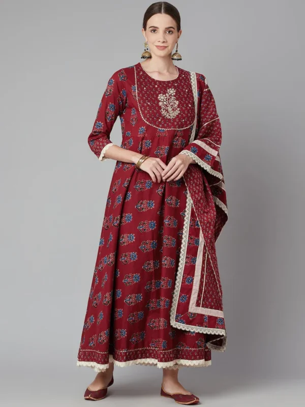 Divena Red Floral Anarkali Cotton Kurta pant set with dupatta - Image 2