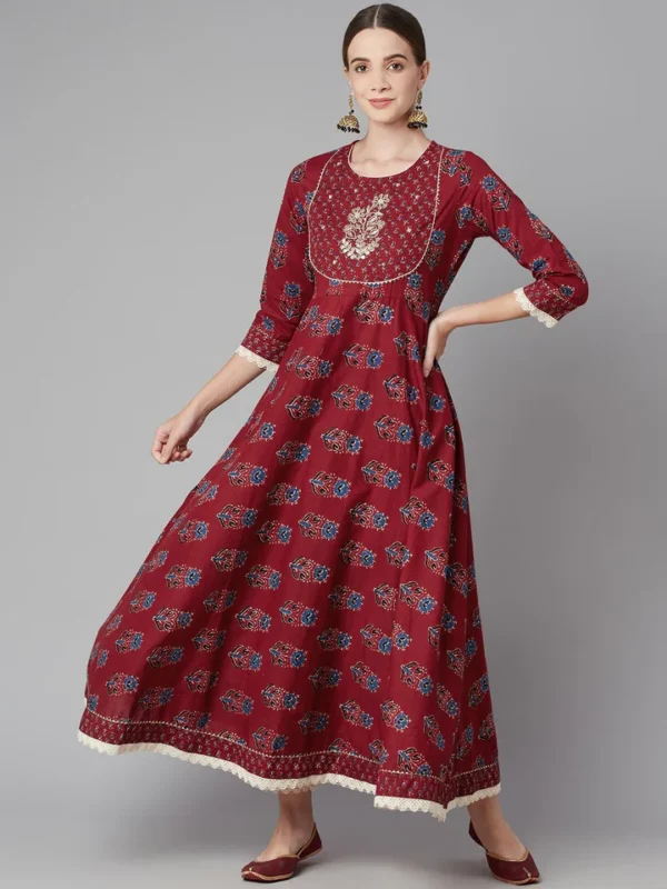 Divena Red Floral Anarkali Cotton Kurta pant set with dupatta - Image 3