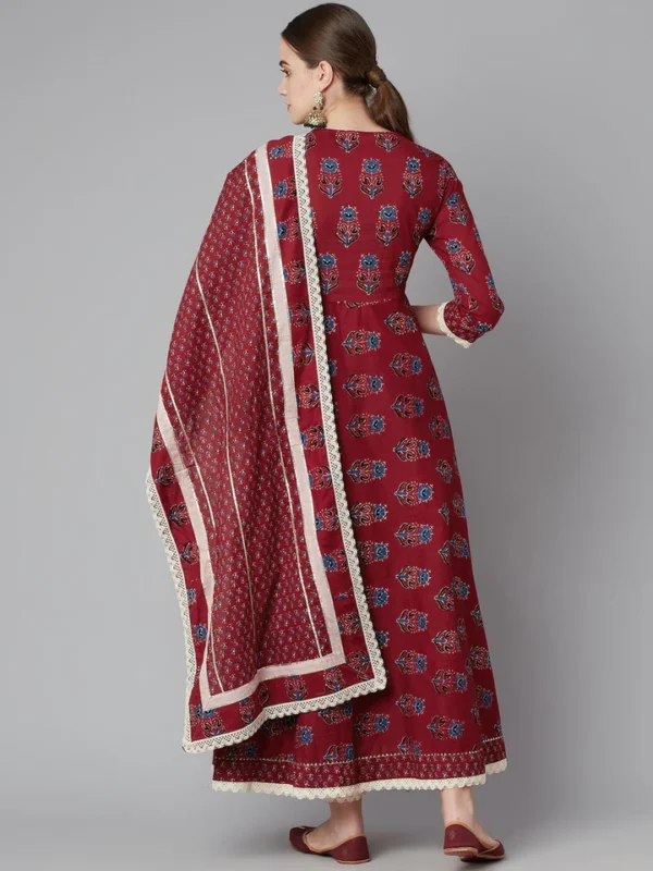 Divena Red Floral Anarkali Cotton Kurta pant set with dupatta - Image 4