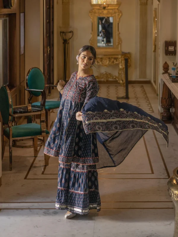 Divena Indigo Cotton Short kurti Sharara set with Dupatta - Image 4