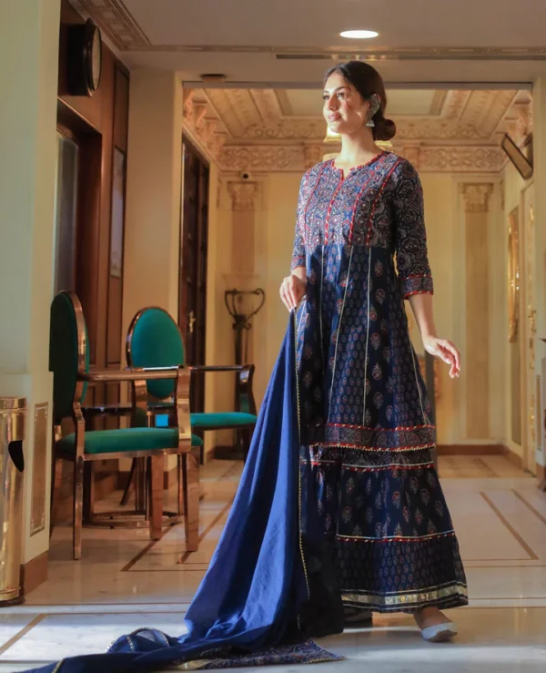 Divena Indigo Cotton Short kurti Sharara set with Dupatta - Image 2
