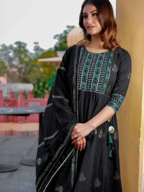 Divena Black Cotton Anarkali Kurta Pant Set with Dupatta - Image 2