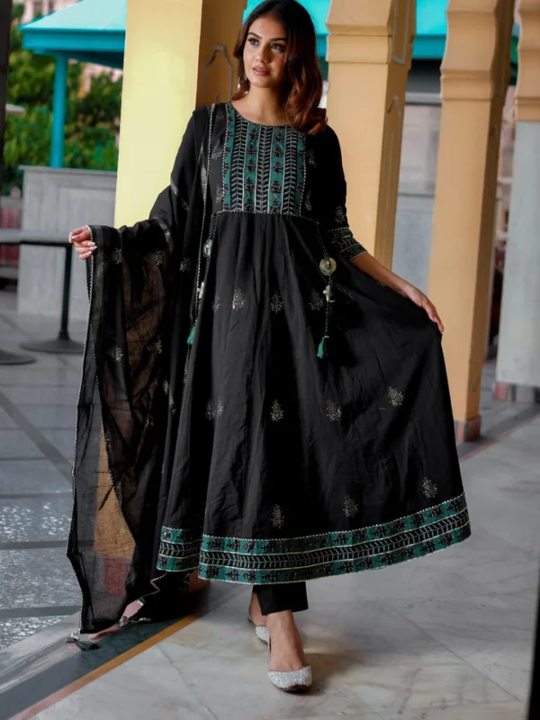 Divena Black Cotton Anarkali Kurta Pant Set with Dupatta - Image 4