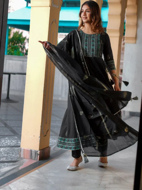 Divena Black Cotton Anarkali Kurta Pant Set with Dupatta - Image 5