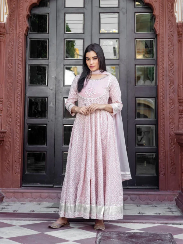 Divena Light Pink Cotton Anarkali Kurta Pant set with Net Dupatta - Image 2