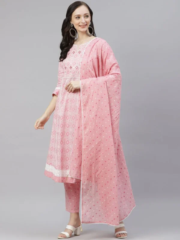 Divena Pink Cotton A-line kurta Pant set with Dupatta - Image 2