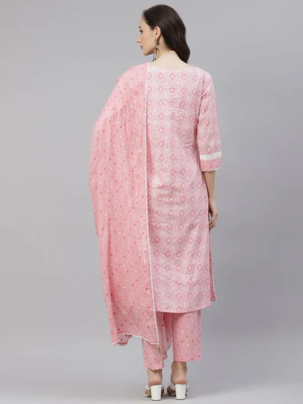 Divena Pink Cotton A-line kurta Pant set with Dupatta - Image 4