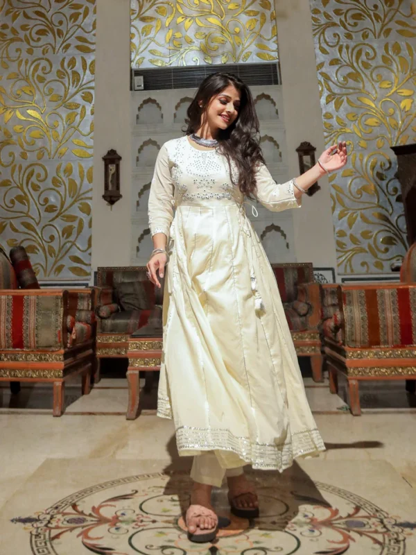 Divena Off White Cotton Anarkali kurta Pant Set - Image 2