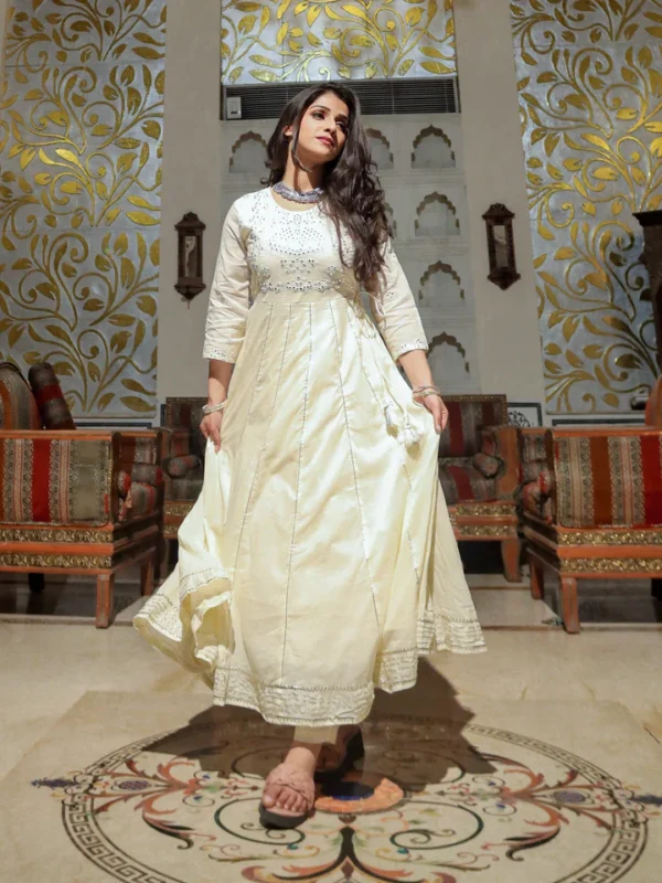 Divena Off White Cotton Anarkali kurta Pant Set - Image 3