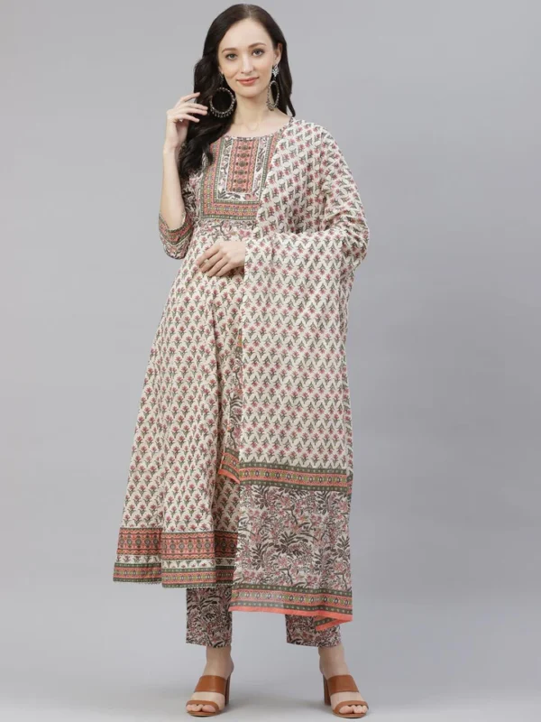 Divena Off white Floral anarkali kurta pant set with Dupatta - Image 2