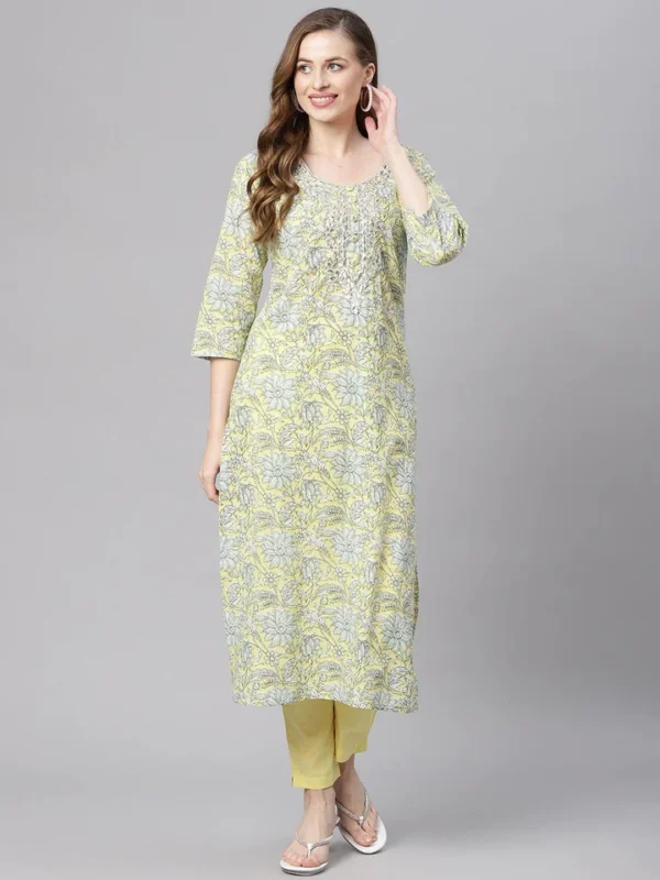 Divena yellow Cotton Straight Kurta pant set - Image 2