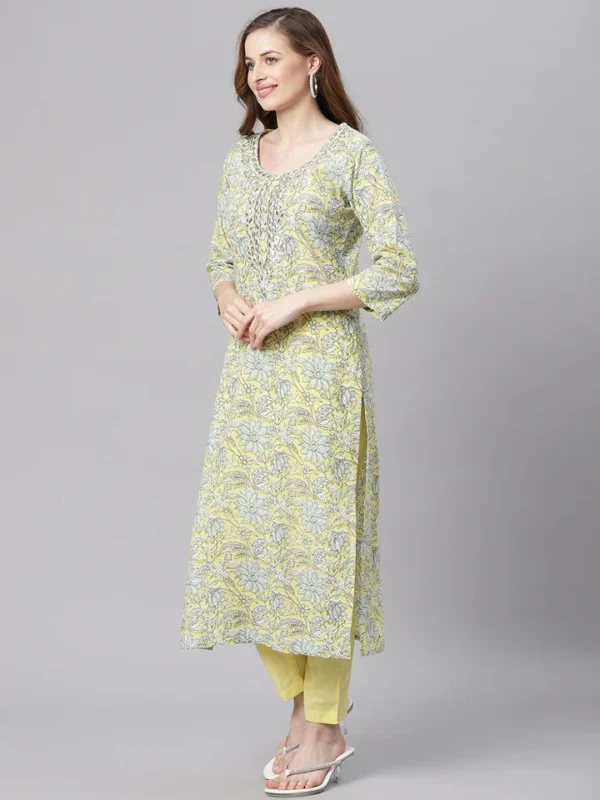 Divena yellow Cotton Straight Kurta pant set - Image 3
