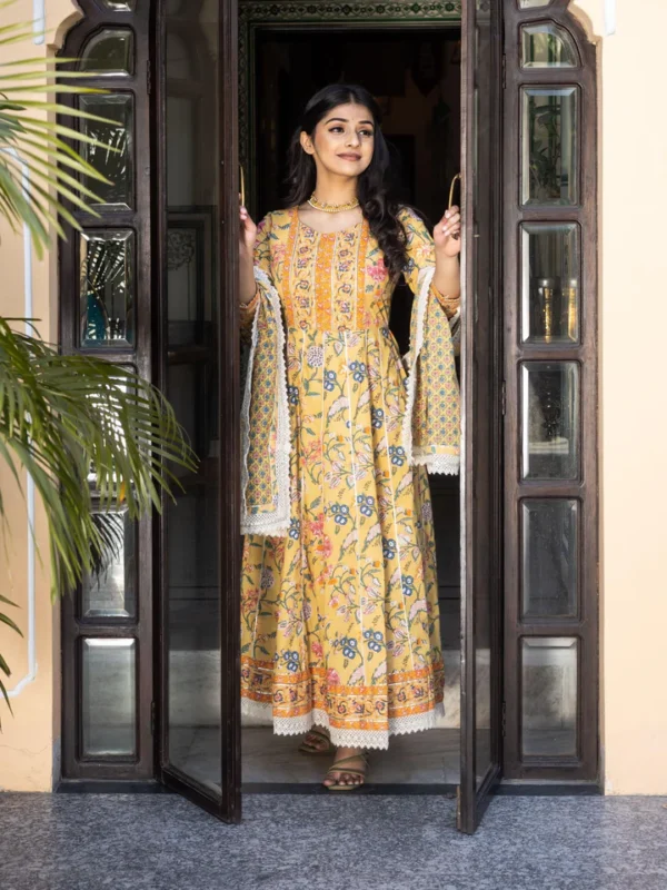 Divena Yellow Floral anarkali Pant Set with Dupatta - Image 3