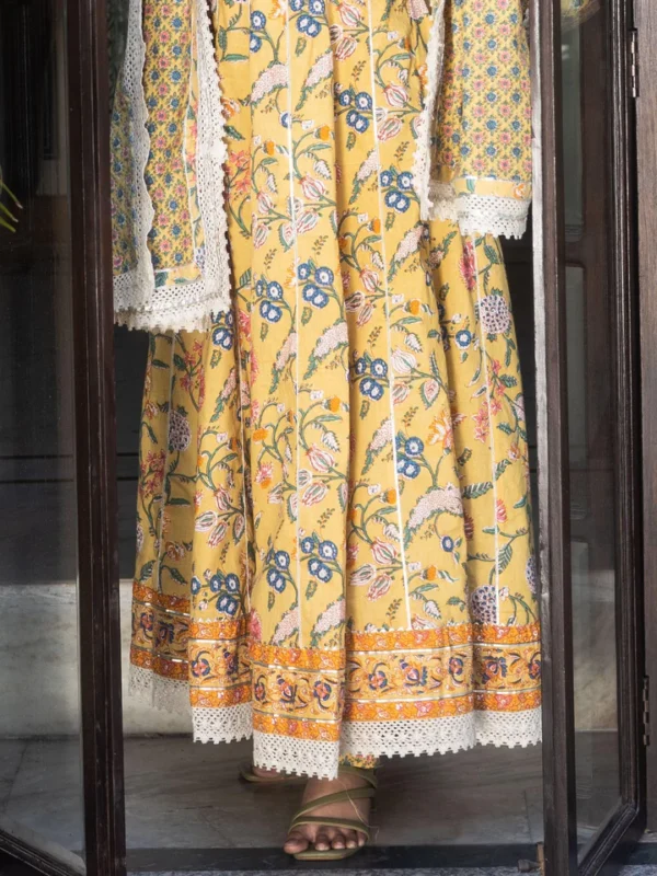 Divena Yellow Floral anarkali Pant Set with Dupatta - Image 4