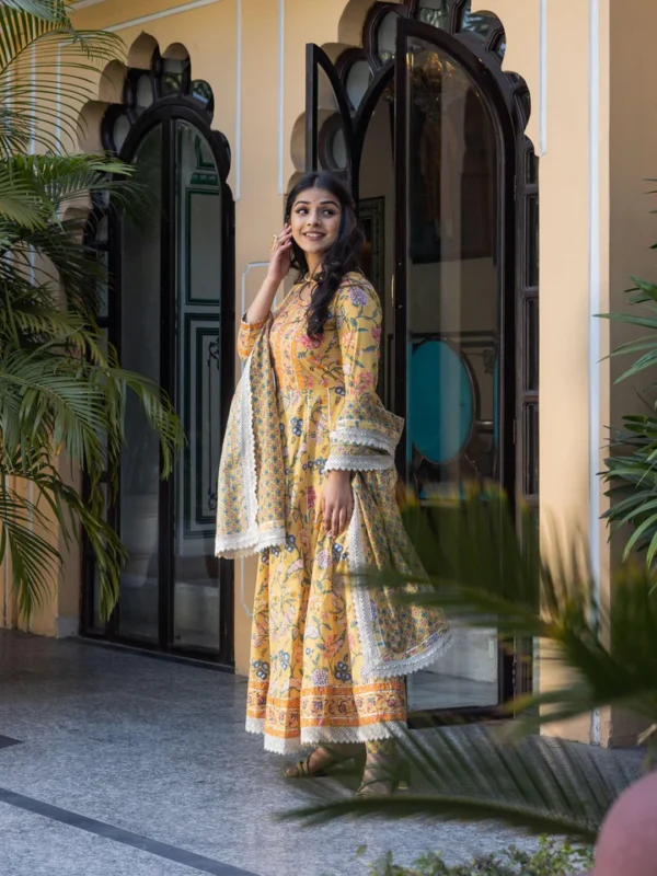 Divena Yellow Floral anarkali Pant Set with Dupatta - Image 2