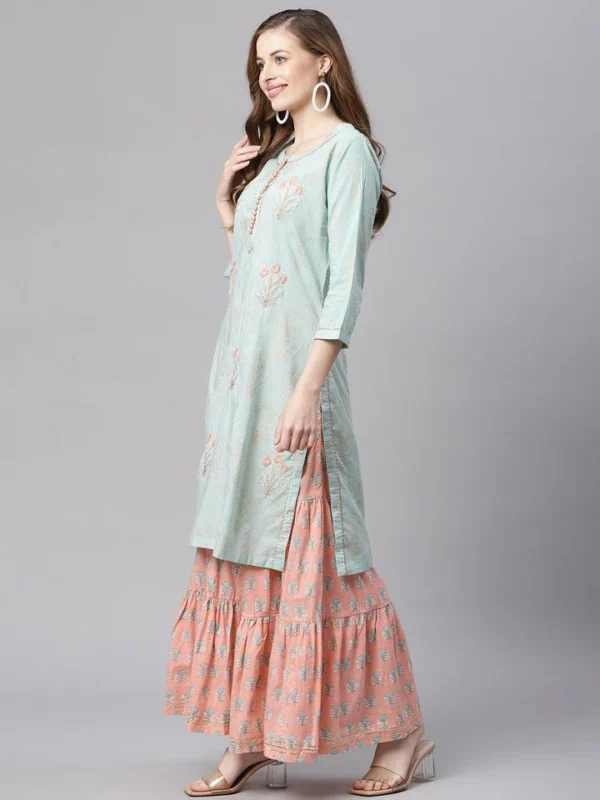 Divena Sea Green & Peach Cotton Kurta Sharara Set - Image 3