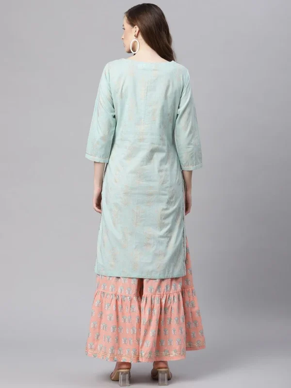 Divena Sea Green & Peach Cotton Kurta Sharara Set - Image 4