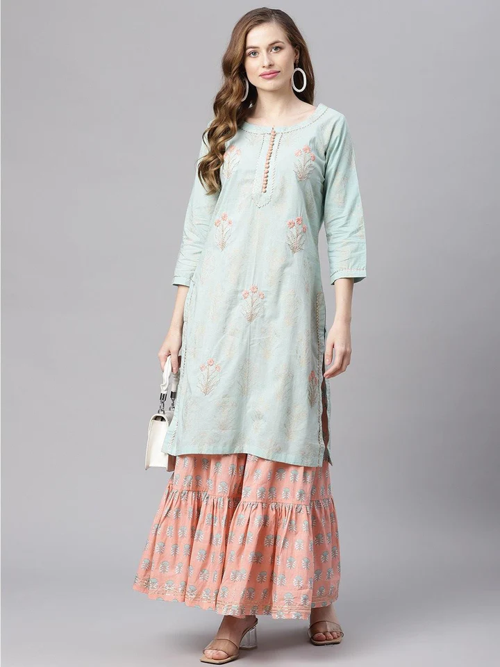 DK0669.6_720x Divena Sea Green & Peach Cotton Kurta Sharara Set - Image 1
