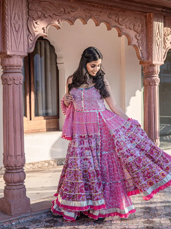 Divena Pink Cotton Sleeves less Anarkali Sharara set with Dupatta - Image 5