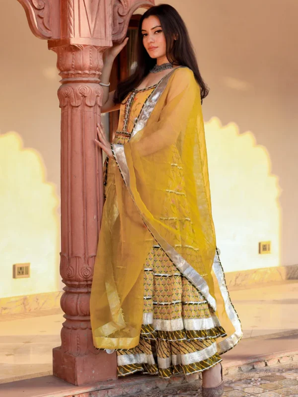 Divena Yellow Cotton Sleeves less anarkali Skirt Set With Dupatta - Image 2