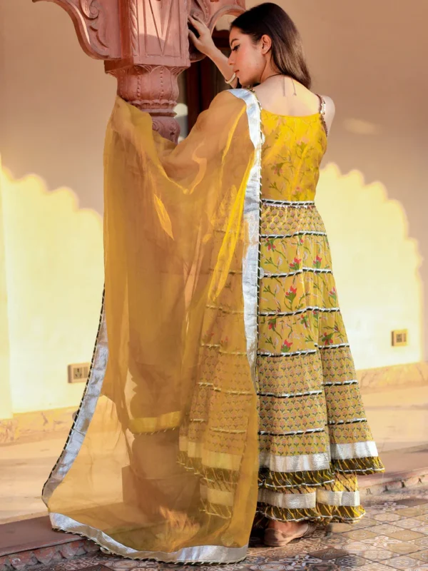 Divena Yellow Cotton Sleeves less anarkali Skirt Set With Dupatta - Image 7