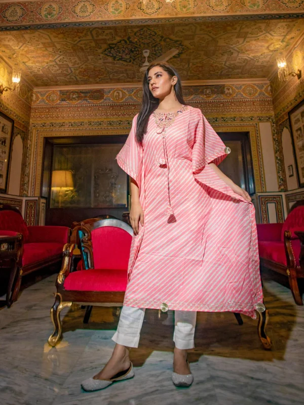 Divena Baby Pink Cotton Laheriya Kaftan - Image 3