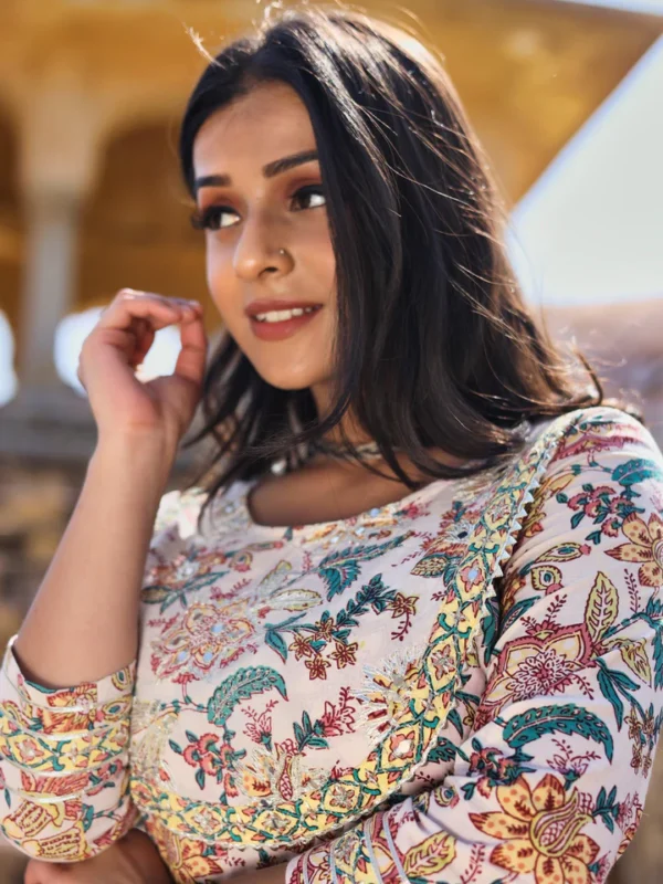 Divena Off white Cotton Anarkali Kurta Pant Set - Image 7