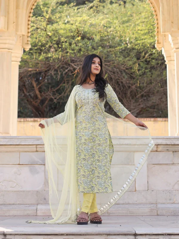 Divena yellow Cotton Straight Kurta pant set with dupatta - Image 2