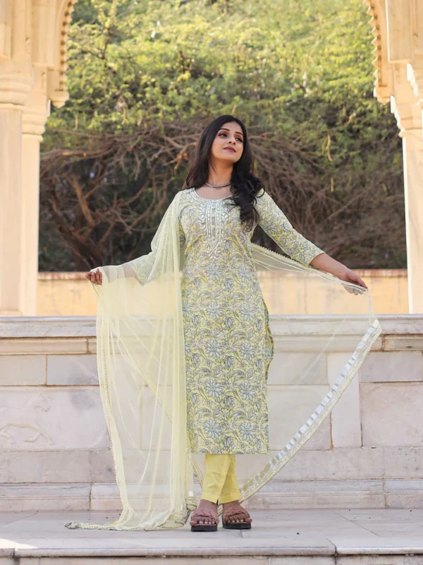 Divena yellow Cotton Straight Kurta pant set with dupatta - Image 3